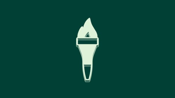 緑色の背景に隔離された白いトーチ炎のアイコン 火の熱 炎の力 炎と熱を象徴する 4Kビデオモーショングラフィックアニメーション — ストック動画