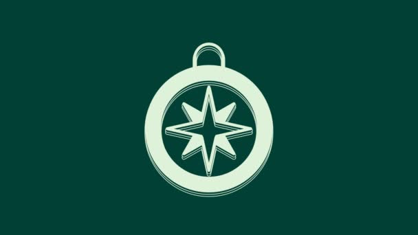 Значок Белый Компас Выделен Зеленом Фоне Символ Навигации Windrose Знак — стоковое видео