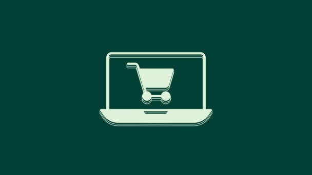 Wit Winkelwagen Scherm Laptop Pictogram Geïsoleerd Groene Achtergrond Concept Commerce — Stockvideo