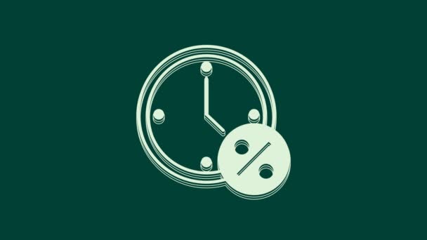 Reloj Blanco Porcentaje Descuento Icono Aislado Sobre Fondo Verde Animación — Vídeos de Stock