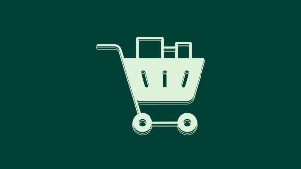 Witte Winkelwagen Voedsel Pictogram Geïsoleerd Groene Achtergrond Levensmiddelenwinkel Supermarkt Video — Stockvideo