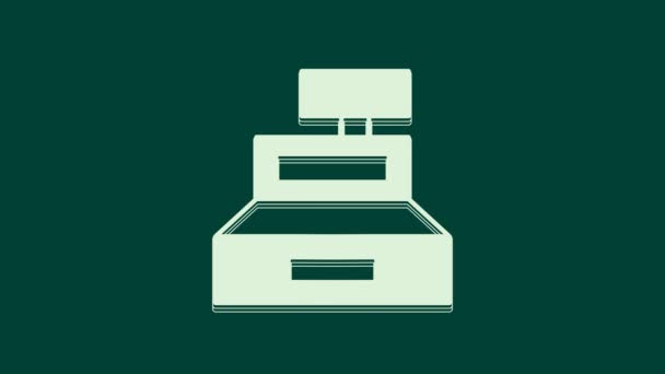 Λευκό Μηχάνημα Ταμειακή Μηχανή Ένα Εικονίδιο Ελέγχου Που Απομονώνονται Πράσινο — Αρχείο Βίντεο
