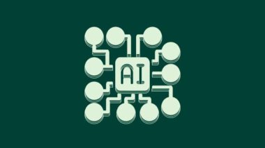 Beyaz Sinir Ağı simgesi yeşil arkaplanda izole edildi. Yapay zeka yapay zekası. 4K Video hareketli grafik canlandırması.