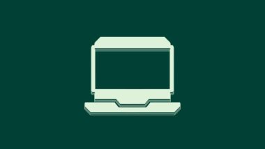 Yeşil arkaplanda beyaz dizüstü bilgisayar simgesi izole edildi. Boş ekran işaretli bilgisayar defteri. 4K Video hareketli grafik canlandırması.