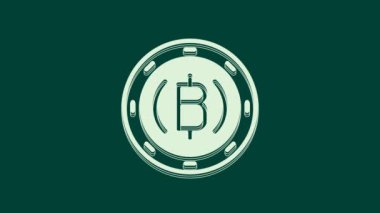 Yeşil arka planda beyaz kripto para Bitcoin simgesi izole edildi. Madeni para. Engelleme zinciri tabanlı şifreli para birimi. 4K Video hareketli grafik canlandırması.
