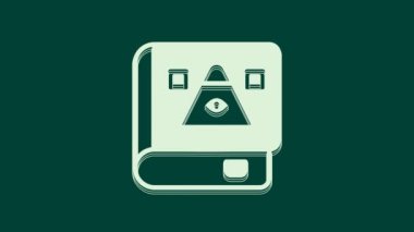 Beyaz Eskiler 'in sihirli kitabı. İçinde simya tarifleri, mistik büyüler ve yeşil arka planda izole edilmiş büyü simgeleri var. 4K Video hareketli grafik canlandırması.