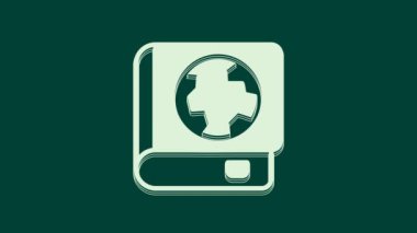 Beyaz Dünya küresi ve kitap ikonu yeşil arka planda izole edilmiş. Dünya ya da Dünya işareti. Küresel internet sembolü. Geometrik şekiller. 4K Video hareketli grafik canlandırması.