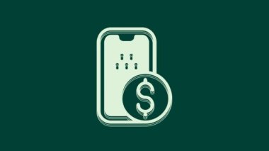 Beyaz Mobil bankacılık simgesi yeşil arkaplanda izole edildi. Cep telefonu ekranına cep telefonu bankacılığı yoluyla para aktar. 4K Video hareketli grafik canlandırması.