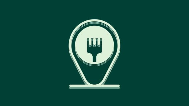 白色咖啡店和餐馆的位置图标孤立在绿色背景 叉子吃的标志内针尖 4K视频运动图形动画 — 图库视频影像