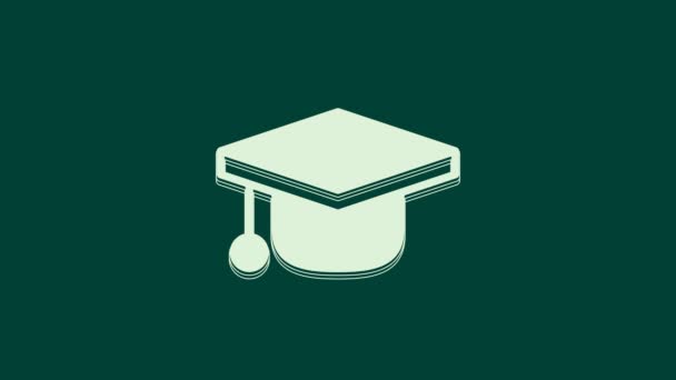 White Graduation Čepice Ikona Izolované Zeleném Pozadí Maturitní Klobouk Ikonou — Stock video