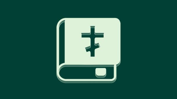 白色圣经上的图标孤立在绿色的背景 4K视频运动图形动画 — 图库视频影像