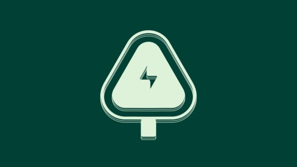 Белый Значок Высокого Напряжения Выделен Зеленом Фоне Символ Опасности Стрелка — стоковое видео