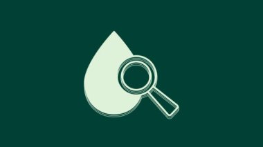 Yeşil arka planda beyaz damla ve büyüteç simgesi izole edildi. 4K Video hareketli grafik canlandırması.