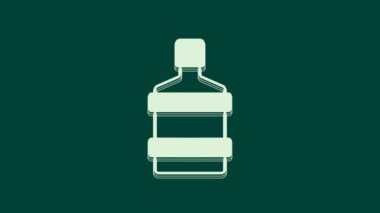 Yeşil arka planda temiz su ikonu olan beyaz büyük şişe. Soğutucu için plastik kap. 4K Video hareketli grafik canlandırması.