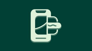 Yeşil arka planda izole edilmiş gezici ikon üzerinde beyaz yiyecek siparişi. Cep telefonuyla sipariş verin. Restoran yemek teslimatı konsepti. 4K Video hareketli grafik canlandırması.