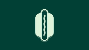 Yeşil arkaplanda beyaz sosisli sandviç ikonu var. Sosis ikonu. Fast food burcu. 4K Video hareketli grafik canlandırması.