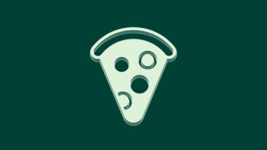 Yeşil arka planda beyaz pizza ikonu izole edilmiş. Fast food menüsü. 4K Video hareketli grafik canlandırması.
