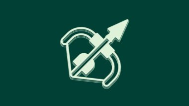 Beyaz ortaçağ yayı ve ok simgesi yeşil arka planda izole edildi. Ortaçağ silahı. 4K Video hareketli grafik canlandırması.