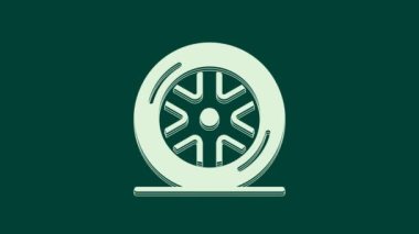 Beyaz Araba Tekerleği simgesi yeşil arka planda izole edildi. 4K Video hareketli grafik canlandırması.