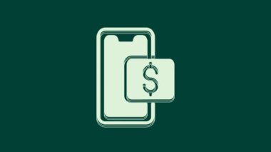 Beyaz cep telefonu ve alışveriş arabası simgesi yeşil arka planda izole edilmiş. İnternetten satın alma sembolü. Süpermarket sepeti sembolü. 4K Video hareketli grafik canlandırması.