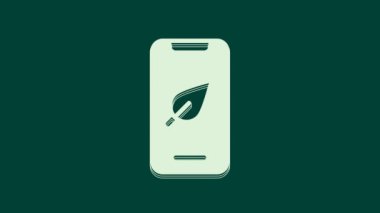 Beyaz akıllı telefon, yeşil arka planda yaprak simgesi olan cep telefonu. 4K Video hareketli grafik canlandırması.