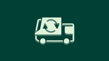 Beyaz çöp kamyonu simgesi yeşil arka planda izole edildi. 4K Video hareketli grafik canlandırması.