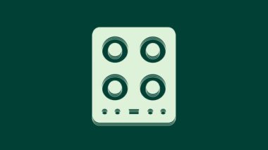 Yeşil arka planda beyaz gaz sobası simgesi izole edildi. Mutfak tabelaları. Dört daire ocağı olan bir hob. 4K Video hareketli grafik canlandırması.