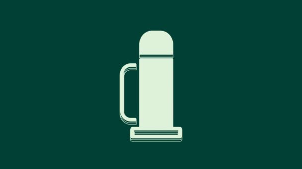 白色的热水瓶图标隔离在绿色背景上 热水瓶图标 露营和远足装备 4K视频运动图形动画 — 图库视频影像