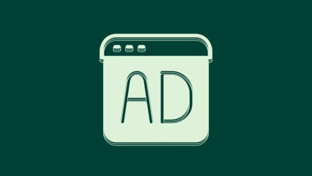 緑の背景に隔離されたホワイト広告アイコン マーケティングとプロモーションプロセスの概念 反応の良い広告 ソーシャルメディア広告 4Kビデオモーショングラフィックアニメーション — ストック動画