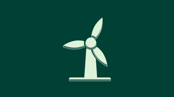 緑色の背景に分離された白い風力タービンアイコン 風力発電機の標識 電力生産のための風車 4Kビデオモーショングラフィックアニメーション — ストック動画