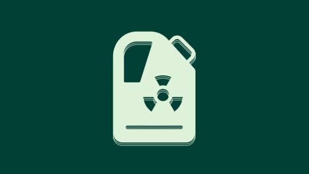 緑色の背景に隔離されたバレルアイコン内の白い放射性廃棄物 毒性はケグを拒否する 放射性廃棄物の排出環境汚染 4Kビデオモーショングラフィックアニメーション — ストック動画
