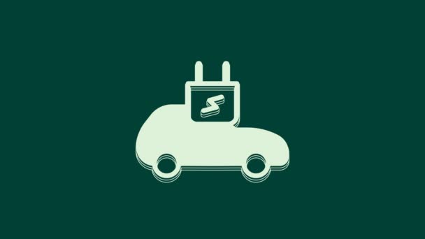 緑の背景に隔離されたホワイト電気自動車と電気ケーブルプラグ充電アイコン 再生可能エネルギー技術 4Kビデオモーショングラフィックアニメーション — ストック動画