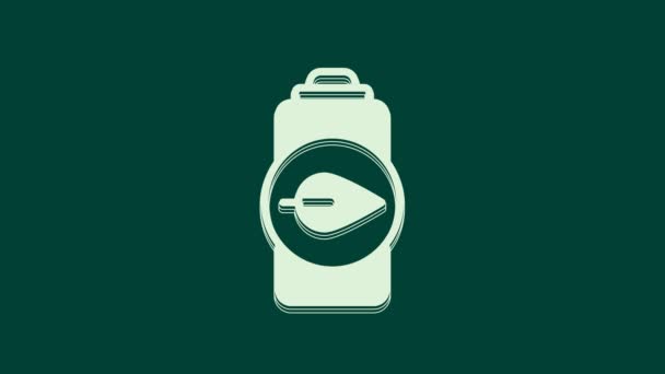 Witte Eco Natuurblad Batterij Pictogram Geïsoleerd Groene Achtergrond Energie Basis — Stockvideo