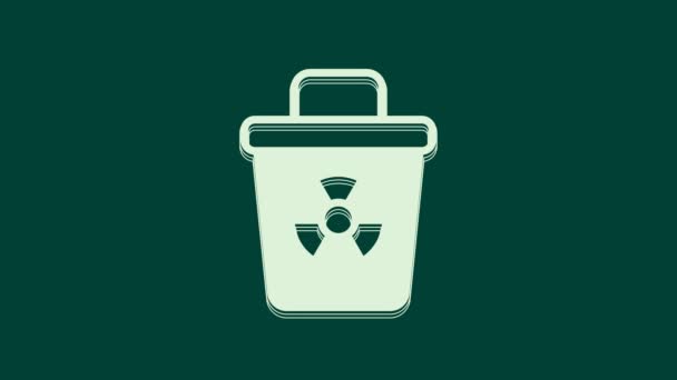 緑色の背景に隔離された白い感染性廃棄物アイコン 放射性廃棄物収集タンク ダンプスターかコンテナか 生物学的有害物質 4Kビデオモーショングラフィックアニメーション — ストック動画
