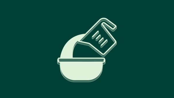 Weiße Messbecher Gießen Flüssigkeit Schüssel Symbol Isoliert Auf Grünem Hintergrund — Stockvideo