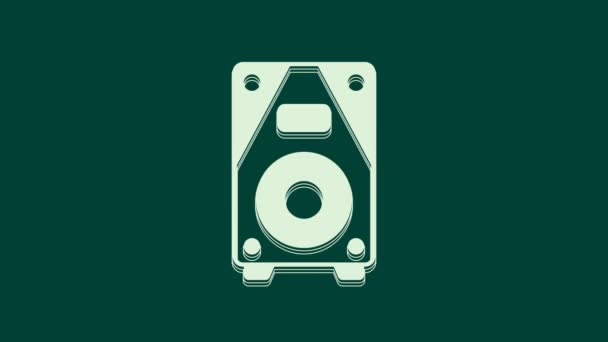 緑色の背景に隔離されたホワイトステレオスピーカーアイコン サウンドシステムのスピーカー 音楽アイコン 音楽コラムスピーカーベース機器 4Kビデオモーショングラフィックアニメーション — ストック動画