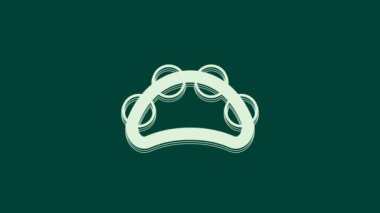 Beyaz müzik aleti perküsyon tef, metal plaka ikonu yeşil arka planda izole. 4K Video hareketli grafik canlandırması.