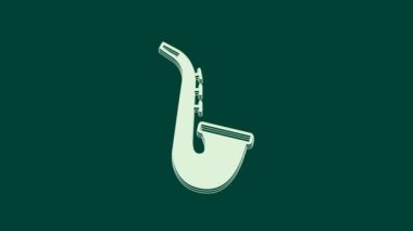 Beyaz müzik aleti saksafon ikonu yeşil arka planda izole edildi. 4K Video hareketli grafik canlandırması.