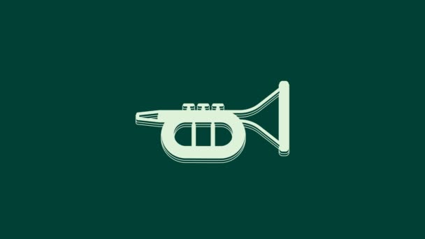 Иконка Белая Труба Выделена Зеленом Фоне Музыкальный Инструмент Видеографическая Анимация — стоковое видео