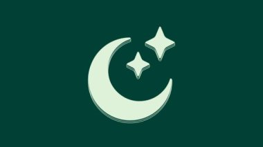 Beyaz Ay ve yıldız ikonu yeşil arkaplanda izole edildi. Bulutlu gece işareti. Uyku rüyalarının sembolü. Dolunay. Gece ya da yatak zamanı tabelası. 4K Video hareketli grafik canlandırması.