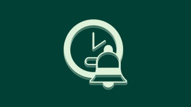 Yeşil arkaplanda beyaz alarm saat simgesi izole. Uyan, kalk konsepti. Zaman işareti. 4K Video hareketli grafik canlandırması.