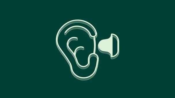 緑の背景に隔離された白い耳栓と耳のアイコン 耳栓記号 ノイズシンボル 睡眠の質の概念 4Kビデオモーショングラフィックアニメーション — ストック動画