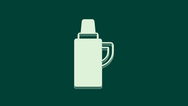 Weißes Thermoskannen Symbol Auf Grünem Hintergrund Ikone Thermoflasche Zelt Und — Stockvideo