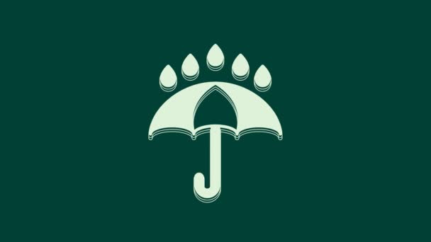 Λευκή Ομπρέλα Και Βροχή Σταγόνες Εικονίδιο Απομονώνονται Πράσινο Φόντο Αδιάβροχο — Αρχείο Βίντεο
