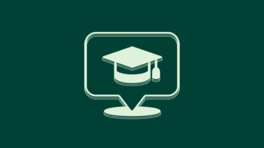 Konuşma baloncuğu simgesinde beyaz mezuniyet şapkası yeşil arka planda izole edildi. Tassel ikonlu mezuniyet şapkası. 4K Video hareketli grafik canlandırması.