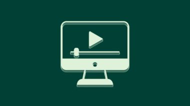 Beyaz Online video oynatma simgesi yeşil arkaplanda izole edildi. Oyun işaretli film şeridi. 4K Video hareketli grafik canlandırması.