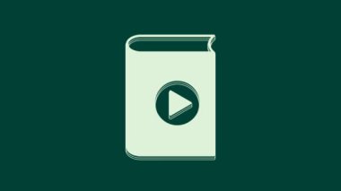 Beyaz Ses kitabı simgesi yeşil arkaplanda izole edildi. Oynat ve kaydet. Ses rehberi işareti. Çevrimiçi öğrenme kavramı. 4K Video hareketli grafik canlandırması.