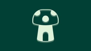 Beyaz Fantezi Mantar Evi ikonu yeşil arka planda izole edilmiş. Peri masalı evi. 4K Video hareketli grafik canlandırması.