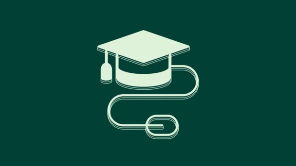 緑の背景に隔離されたマウスアイコンとホワイト卒業キャップ 世界教育のシンボル オンライン学習やEラーニングの概念 4Kビデオモーショングラフィックアニメーション — ストック動画