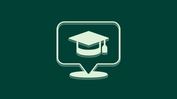 在绿色背景上孤立的语音泡沫图标中的白色毕业帽 有花生酱图标的毕业帽 4K视频运动图形动画 — 图库视频影像